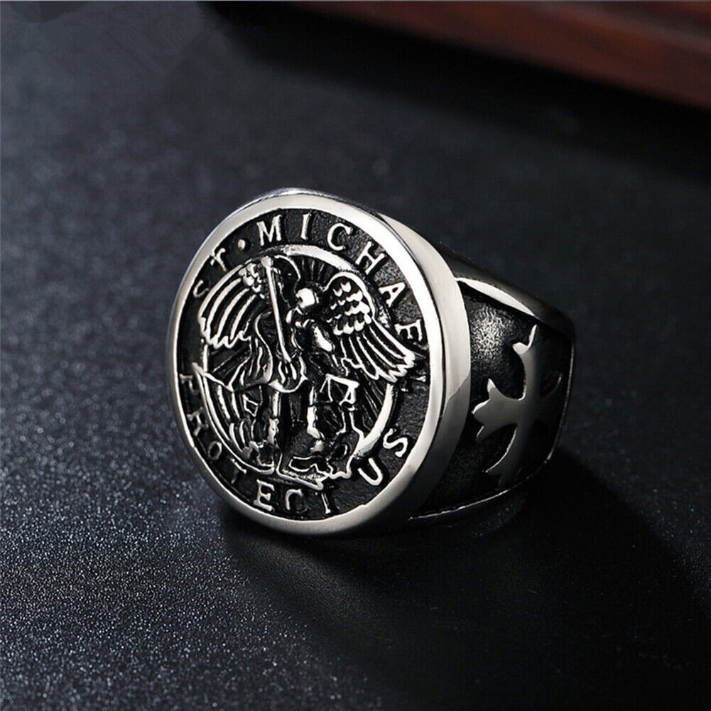US 1-2 Pack Saint Michael Archangel Ring Vintage Stainless Steel Faith Bands Men
