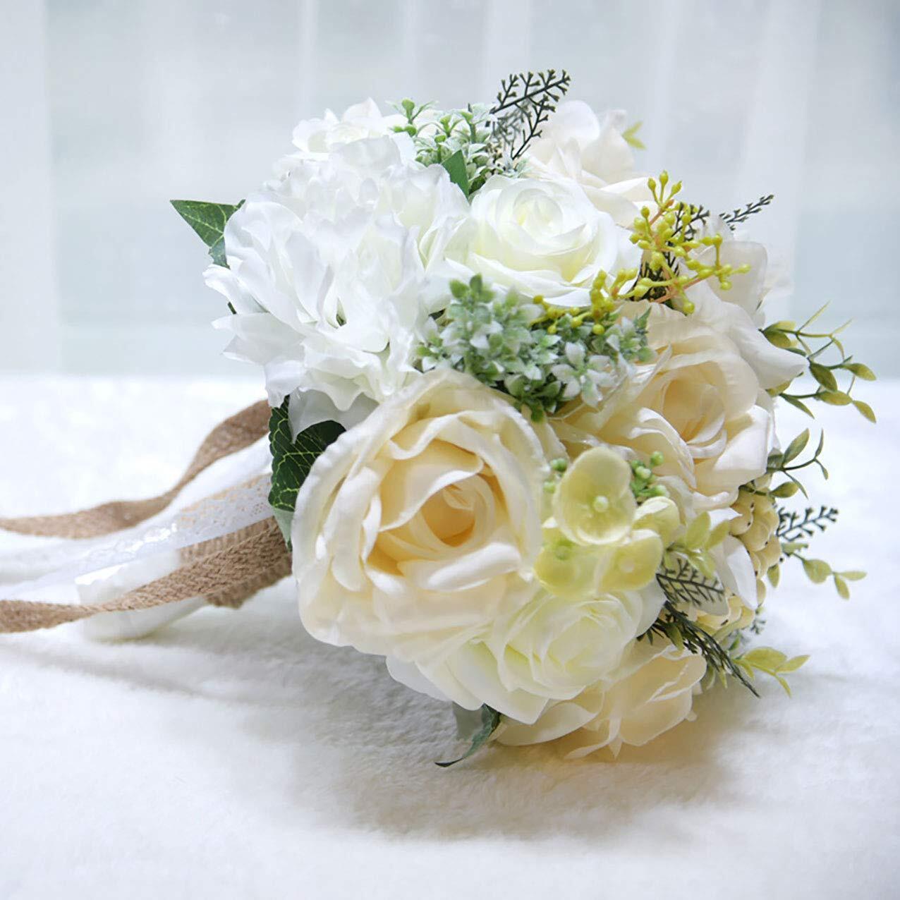 Bridal Holding Wedding Bouquet Real-Looking Mixed Flowers Ivory Greeneryet