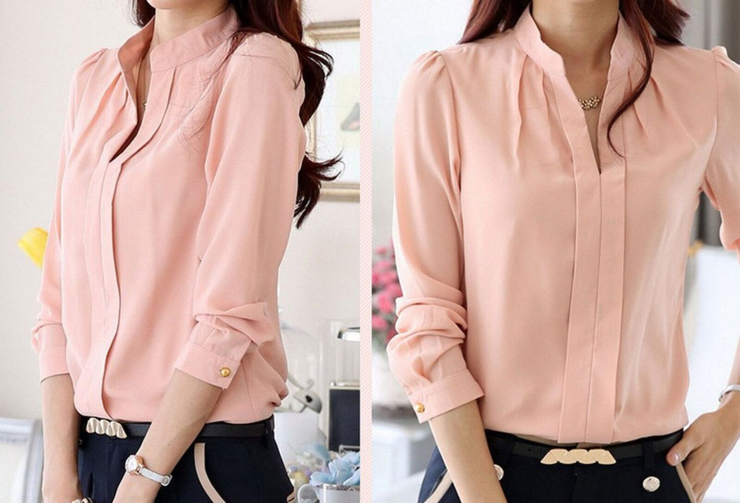 Womens Chiffon V-Neck Pullover Tops Pleated Slim Long Sleeve Work Blouse