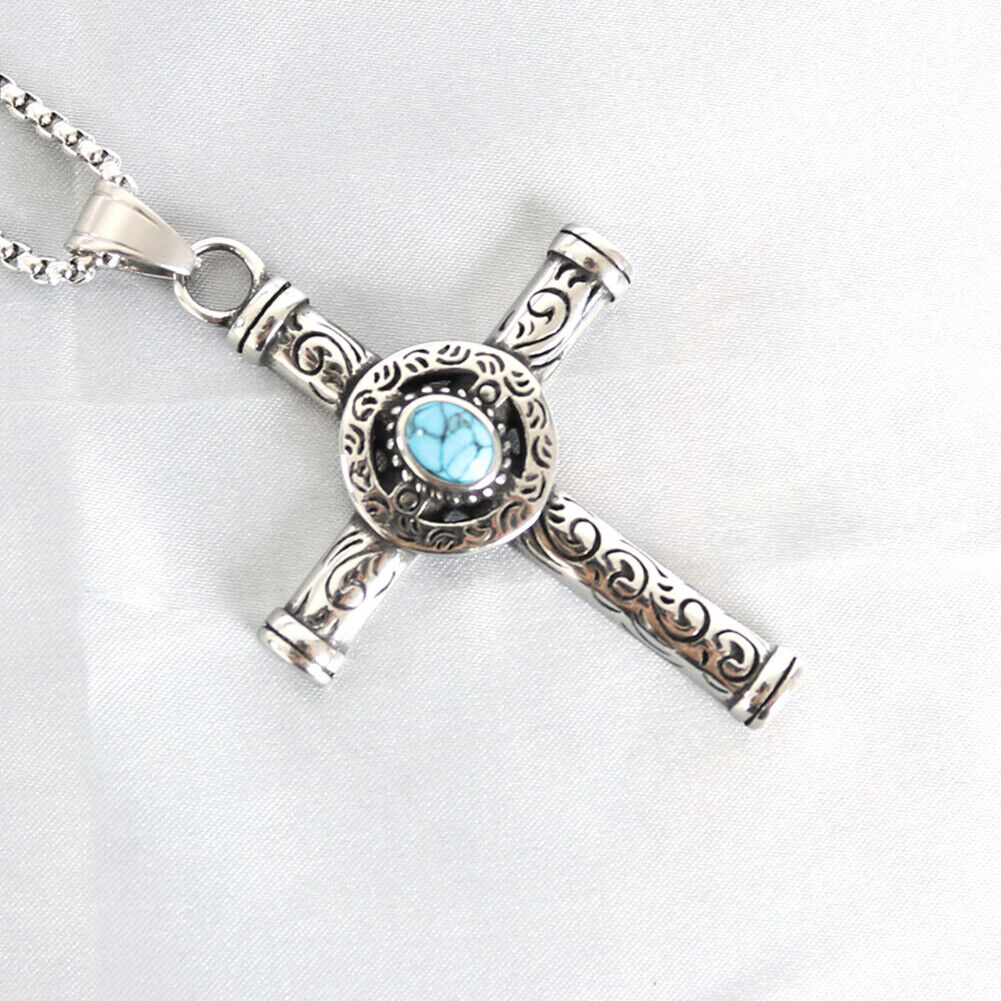 US Men Celtic Norse Turquoise Cross Stainless Steel Necklace Gothic Pendant