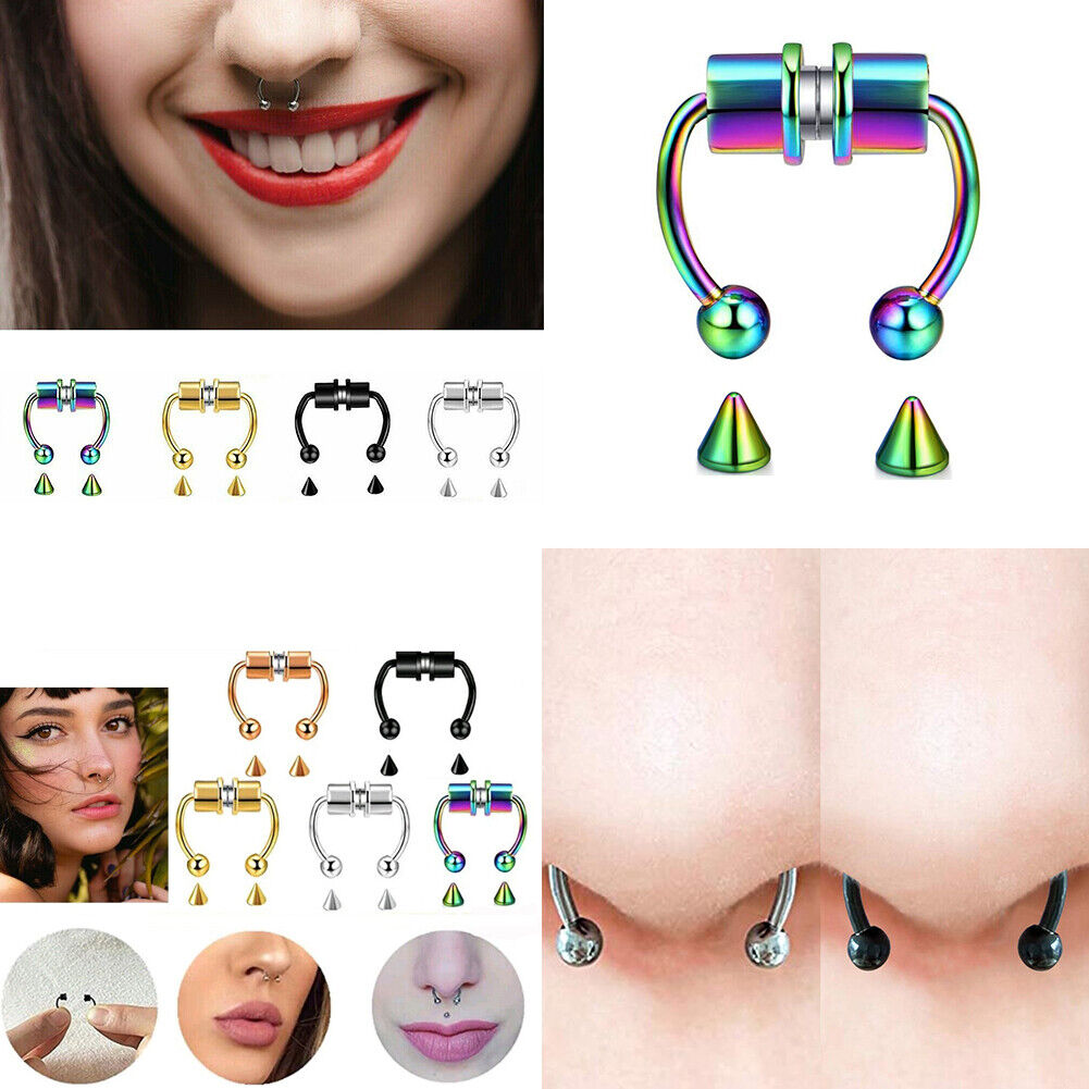 US 1-2 Pcs Magnetic Septum Nose Ring Stainless Steel Fake Non Piercing Nose Clip