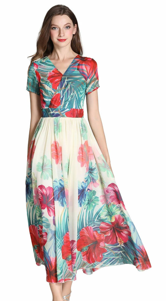 Women's Vintage Short Sleeves Floral Print Skater Dress Midi Cocktail Dress