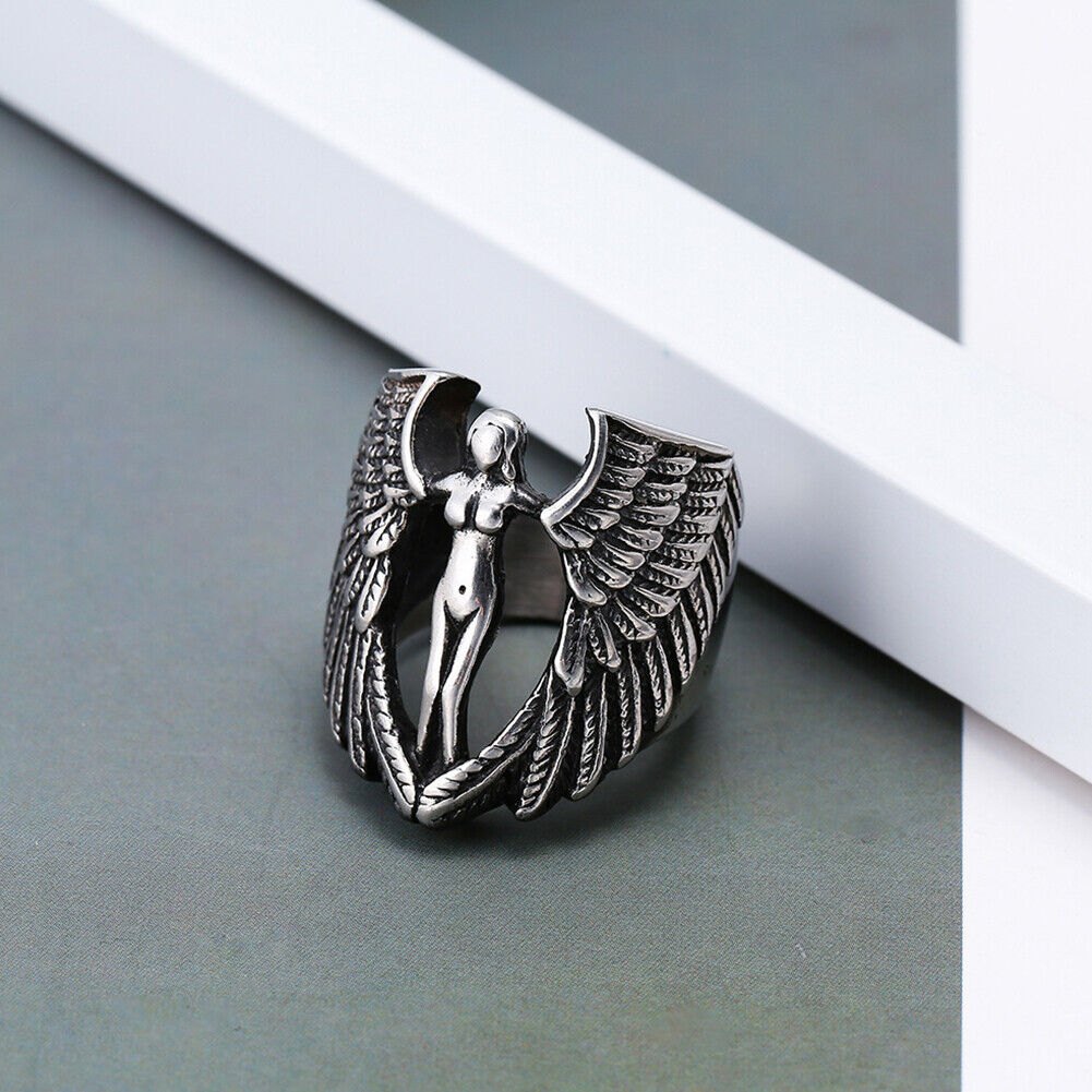 US Vintage Archangel Goddess Feather Angel Wing Stainless Steel Ring MC Biker