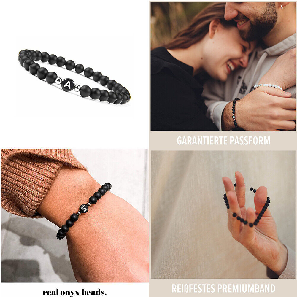 US Initial Bracelet 6mm Matte Black Onyx Letter Bracelet Alphabet Couple Unisex