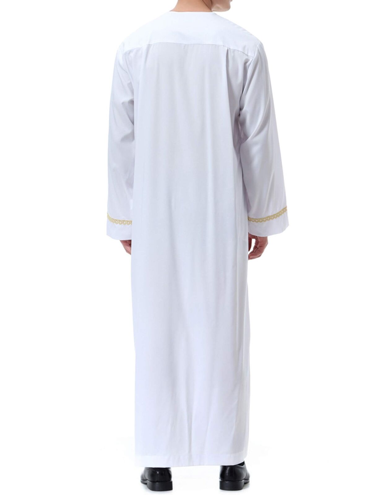 Men Arabic Long Sleeve Printing Thobe Crew Collar Kaftan Robe with Zipper