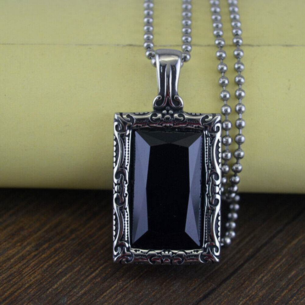 US 1-2 Pc Stainless Steel Mens Hip Hop Black Obsidian Stone Pendant Necklace Men