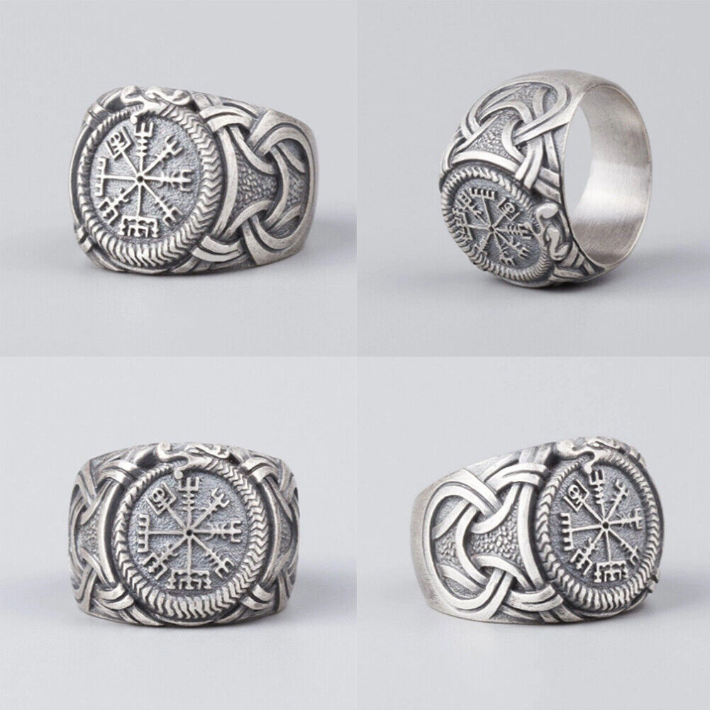 US 2 Pack Stainless Steel Mens Nordic Viking Dragon Vegvisir Compass Ring
