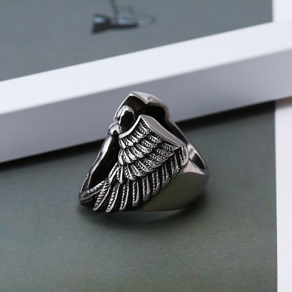 US Vintage Archangel Goddess Feather Angel Wing Stainless Steel Ring MC Biker