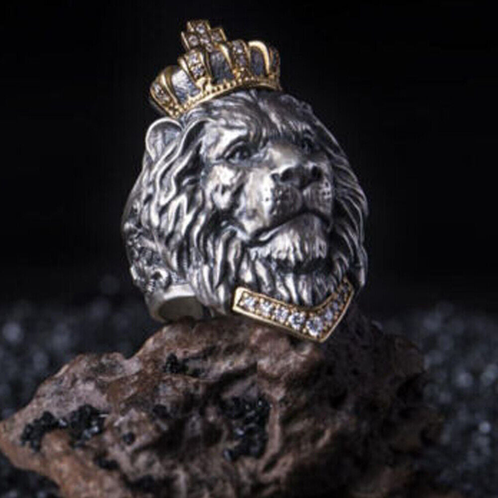 US2-4Pc Punk Animal King Crown Lion Ring Adjustable lion Head Jewelry 925 Silver