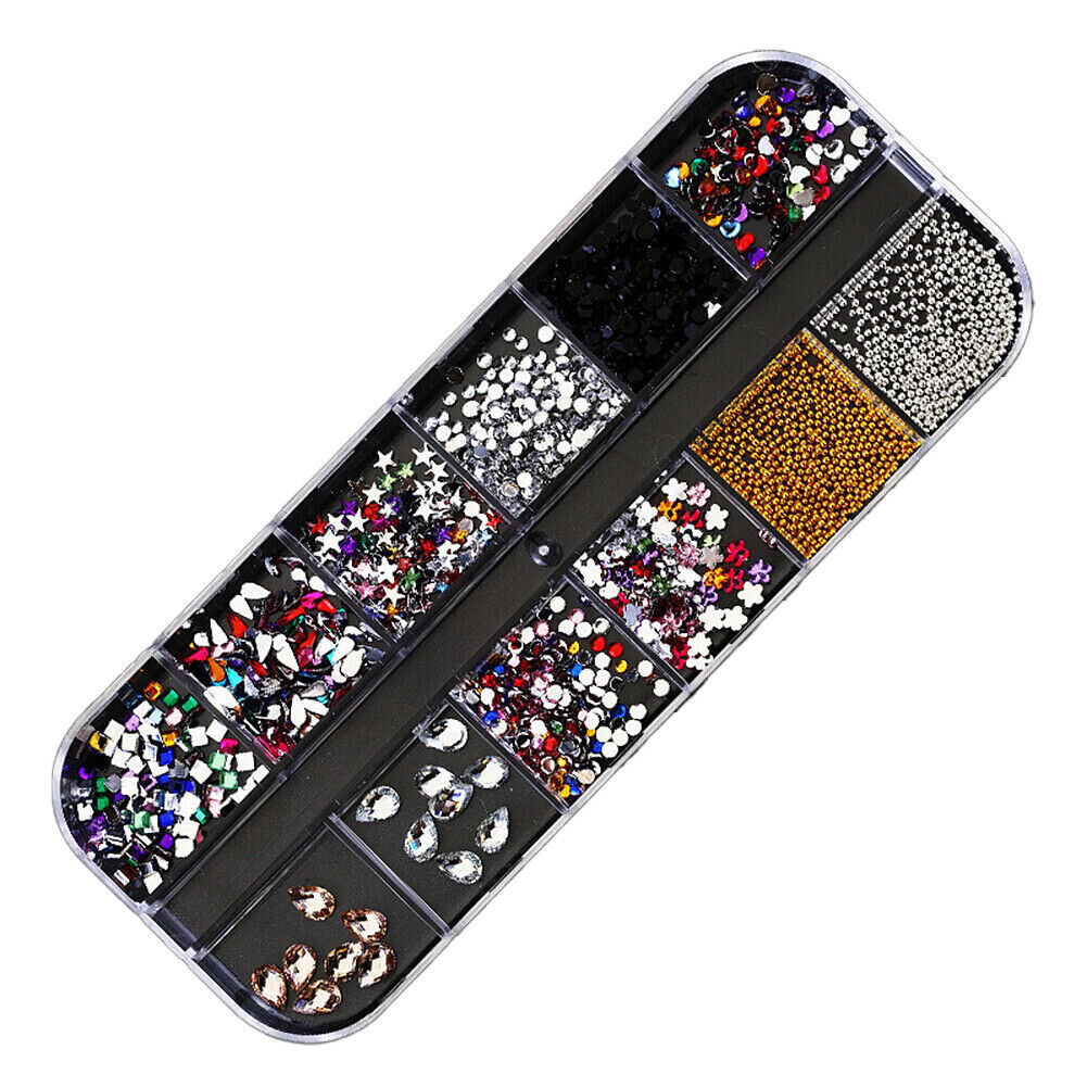 US 12 Grids Nail Glitter Flakes Sequins Rhinestones Pearl Nail Art Decorations