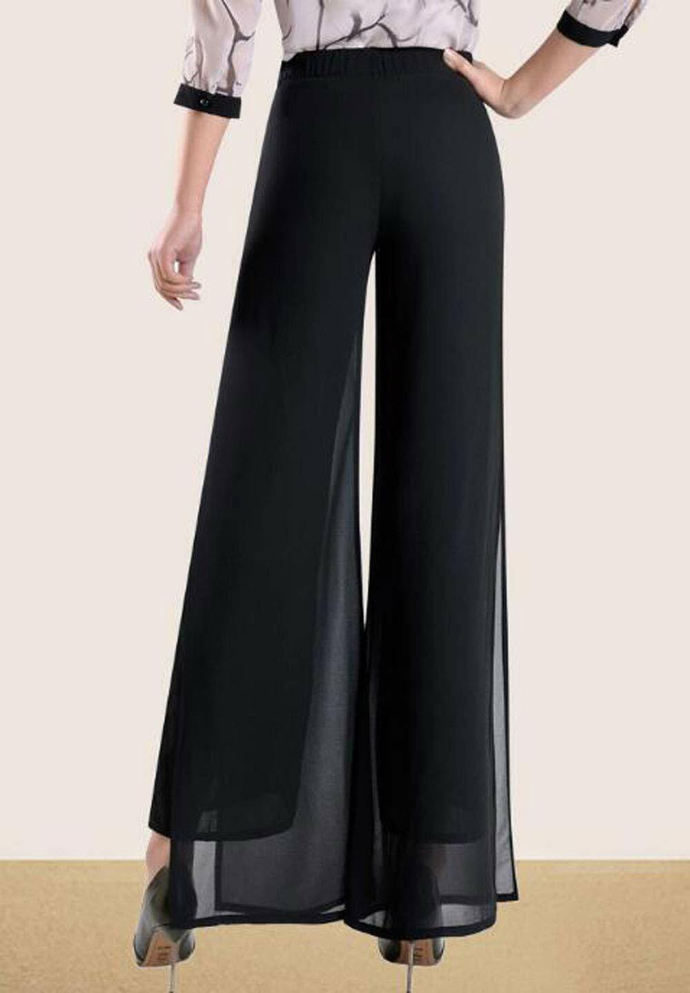 Womens Chiffon Elastic Waist Fold-Over Elephant Flare Wide Leg Trousers Pants