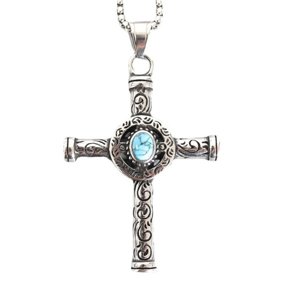 US Men Celtic Norse Turquoise Cross Stainless Steel Necklace Gothic Pendant
