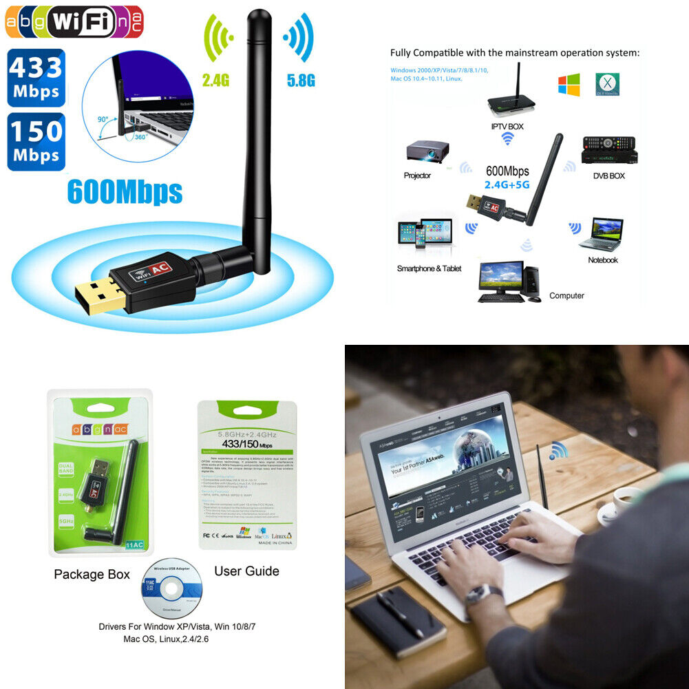 US USB WiFi Adapter Dual Band 600Mbps Signal Booster Range Extender Antenna