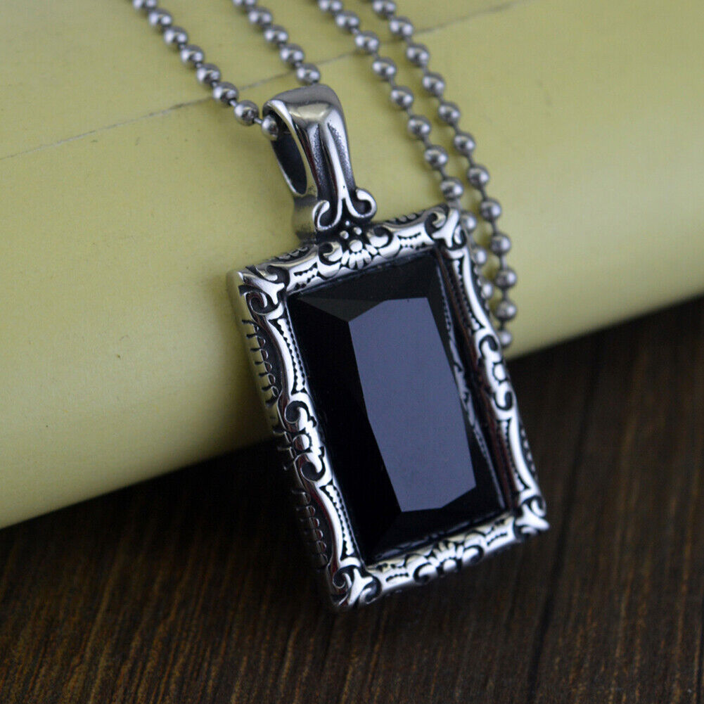 US 1-2 Pc Stainless Steel Mens Hip Hop Black Obsidian Stone Pendant Necklace Men