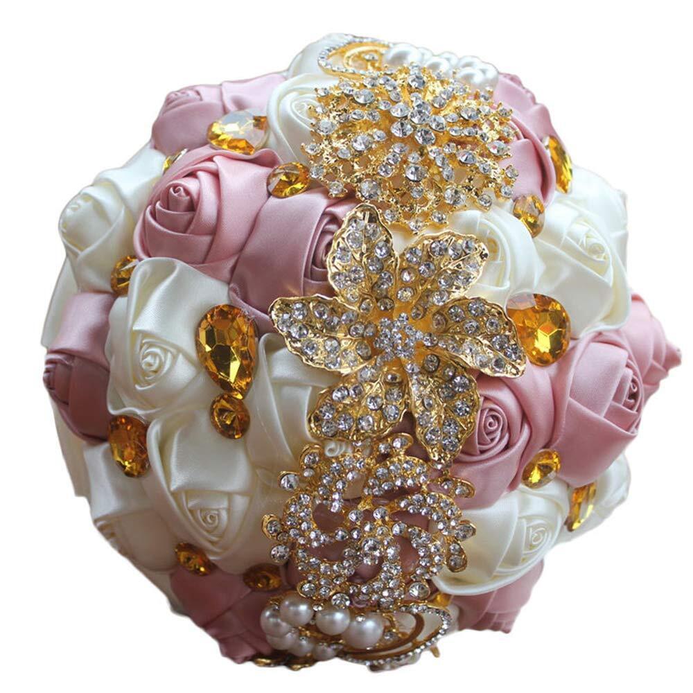 Brooch Bouquet 7" Bride Satin Rose Wedding Bouquet w/Gold Crystal Brooches