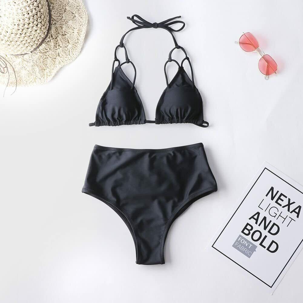 FeelinGirl Women's Stripe Padded Push up High Waist Bikini Halter Strap Swimsuit