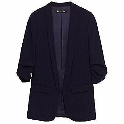 MFrannie Womens Solid Open Front Shirring 3/4 Sleeve Work Blazer