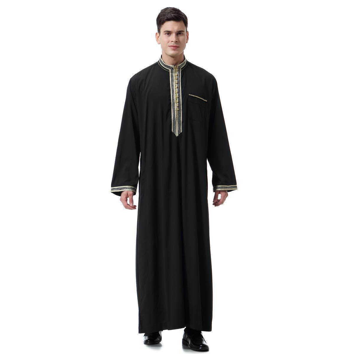 Men Arabic Long Sleeve Embroidery Decal Thobe Stand Collar Kaftan Robe