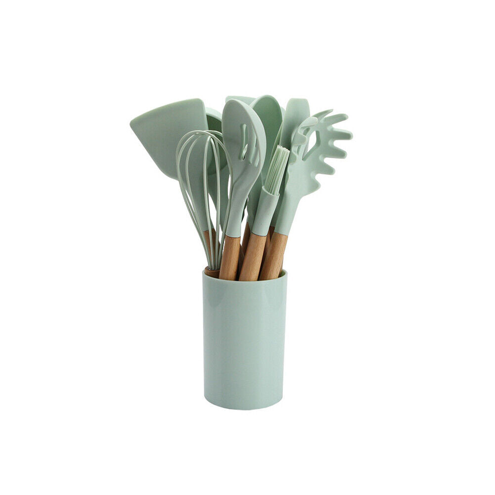 US 11 Pcs Kitchen Cooking Utensils Set Wooden Handle Silicone Heat Resistant