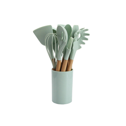 US 11 Pcs Kitchen Cooking Utensils Set Wooden Handle Silicone Heat Resistant