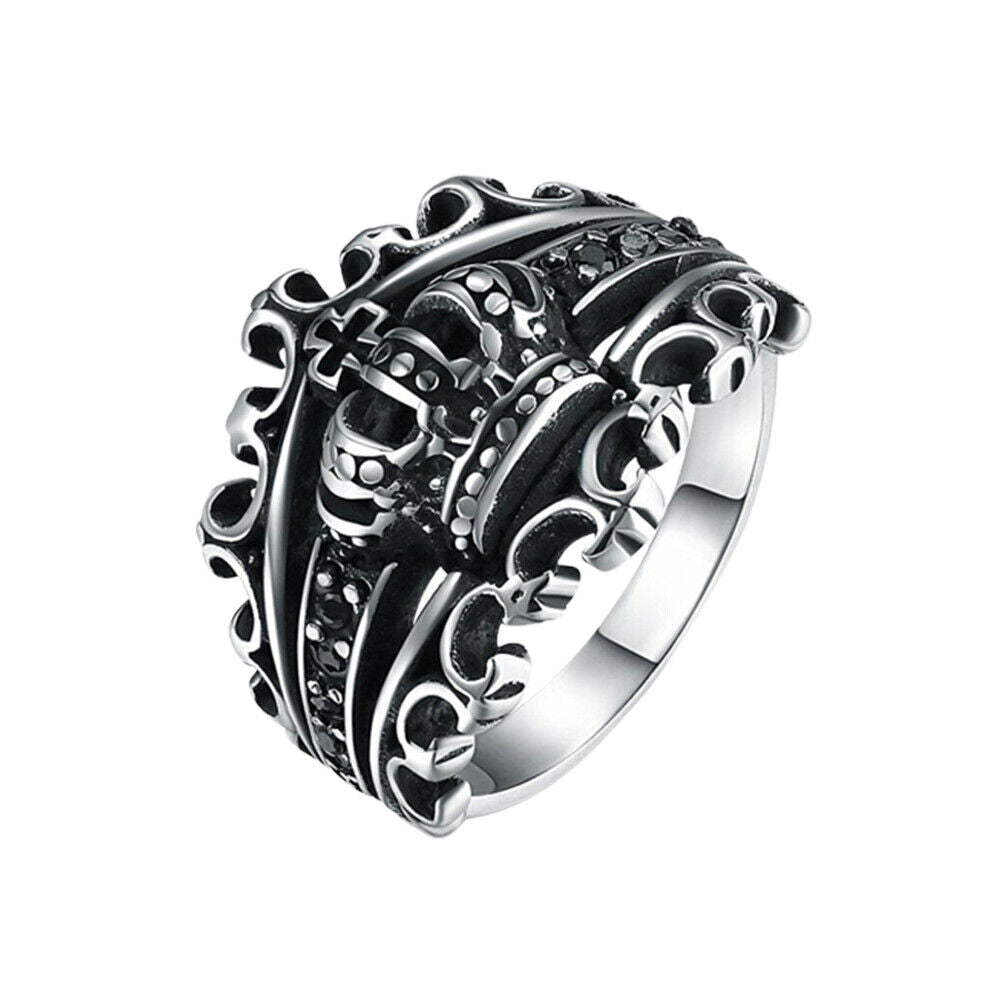 US 1-2 Pcs Mens Black CZ King Crown Ring Men Stainless Steel Size 7 8 9 10 11