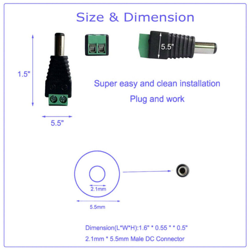 US 20-40 Pairs Female Male 12V DC Power Connector 5.5x 2.1mm Socket Jack Plug