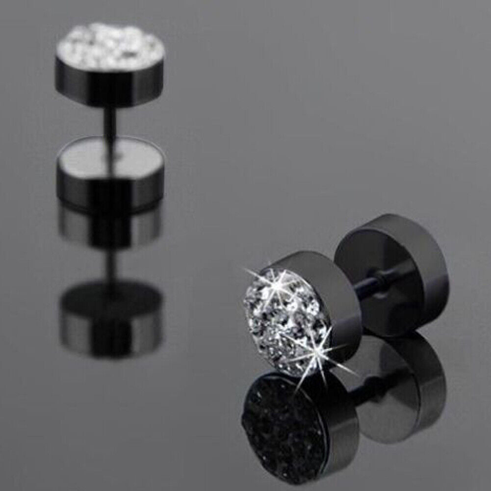 US3-6Pair Barbell Punk StainlessSteel Crystal Ear Studs Earring Piercing Jewelry