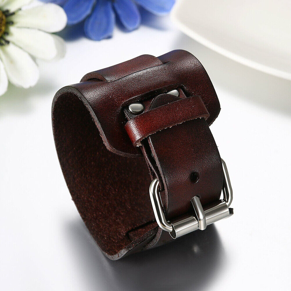 US 1-2 Pc Men's Punk Wide Genuine Leather Belt Wristband Bangle Cuff  Adjustable