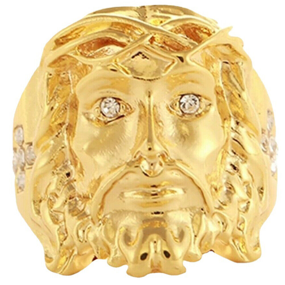 US Mens Gold Plated Cross Jesus Christ Face Ring Stainless Steel Size 8-11