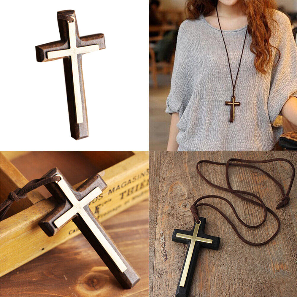 US 1-2 Pack Wood Wooden Cross Long Pendant Adjustable Christian Necklace Unisex