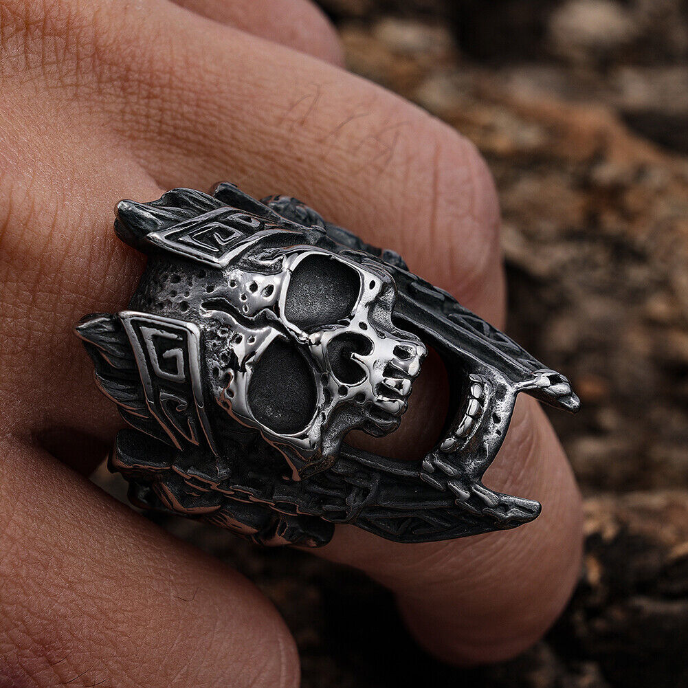US Mens Stainless Steel Gothic MC Biker Skull Crown Ring Black Men Size 8-11