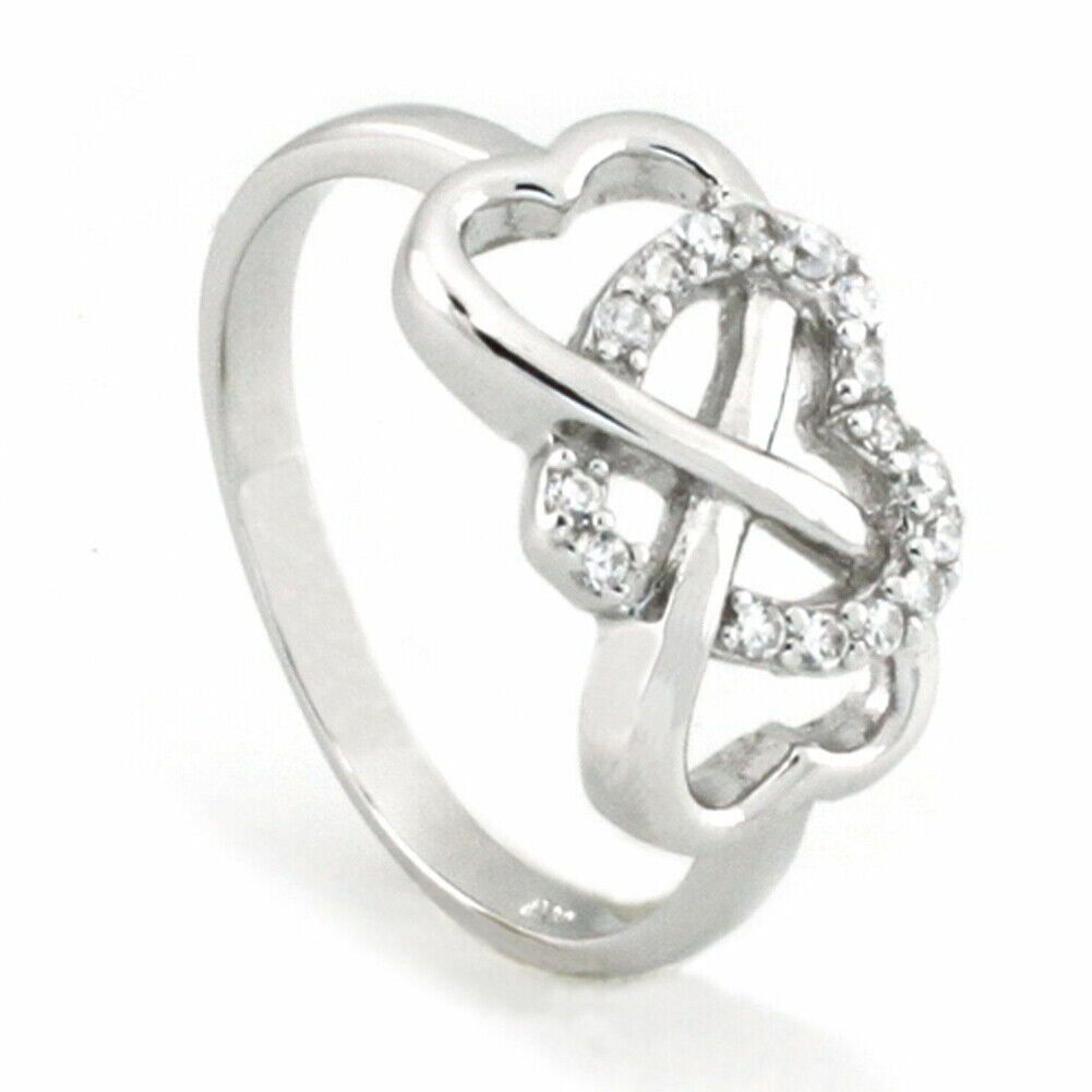 US 2-4 Love Heart Cubic Zirconia Twisted Eternity Band 925 Sterling Silver Rings