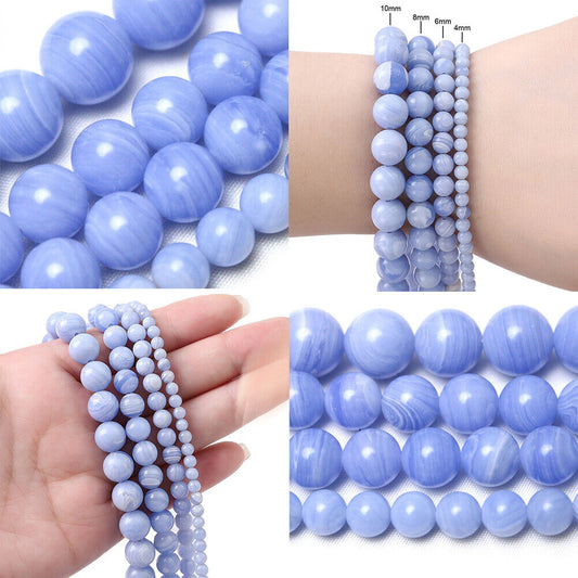 US 6/8/10 MM Purple Blue Lace Stone Beads Round Loose Bulk Beads Jewelry Making