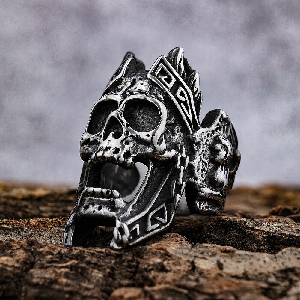 US Mens Stainless Steel Gothic MC Biker Skull Crown Ring Black Men Size 8-11