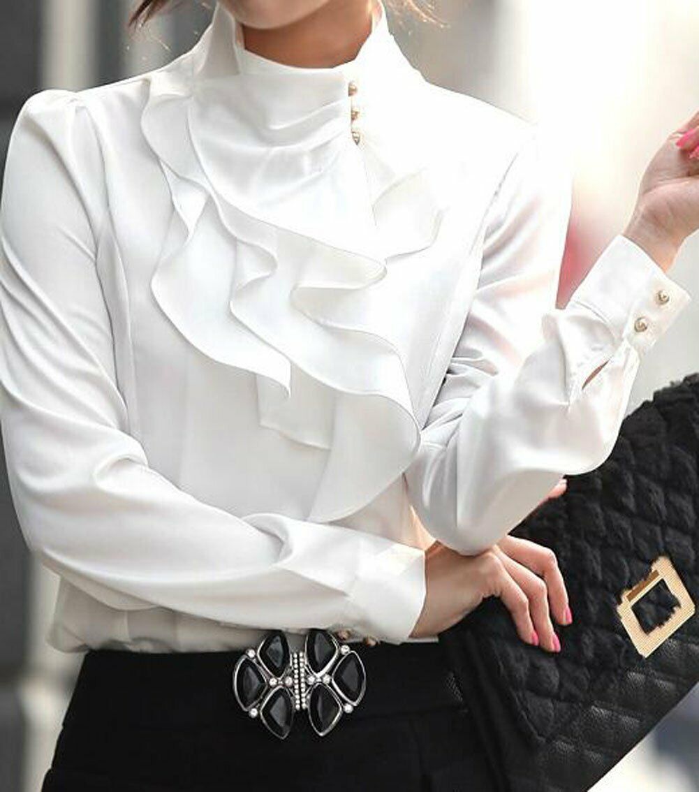 Women's Chiffon OL Ruffle Founcing Front Shirt Long Sleeve Blouse