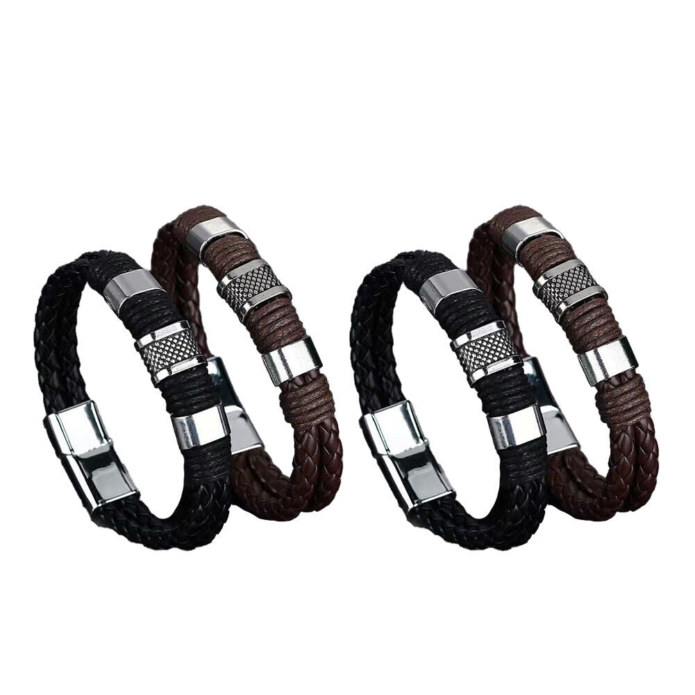 US 2-4 Leather Titanium Steel Braided Magnetic Clasp Bracelet Bangle Wrist Cuff