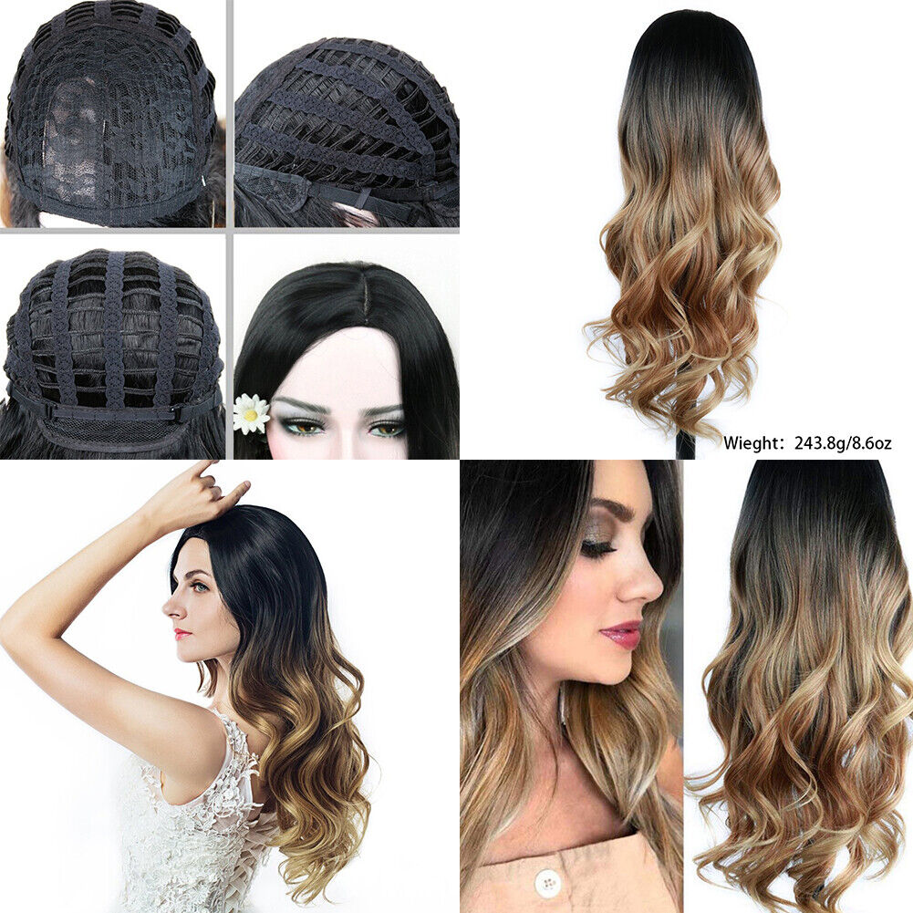 US 1-2 Pack 23" Golden Brown to Gold Ombre Long Curly Blonde Wig Synthetic Hair