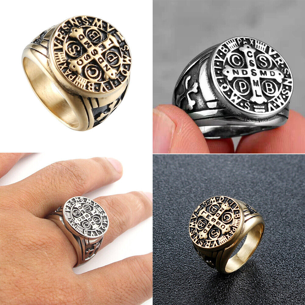 US St Benedict Exorcism Ring Silver Stainless Steel Catholic Roman Cross Demon