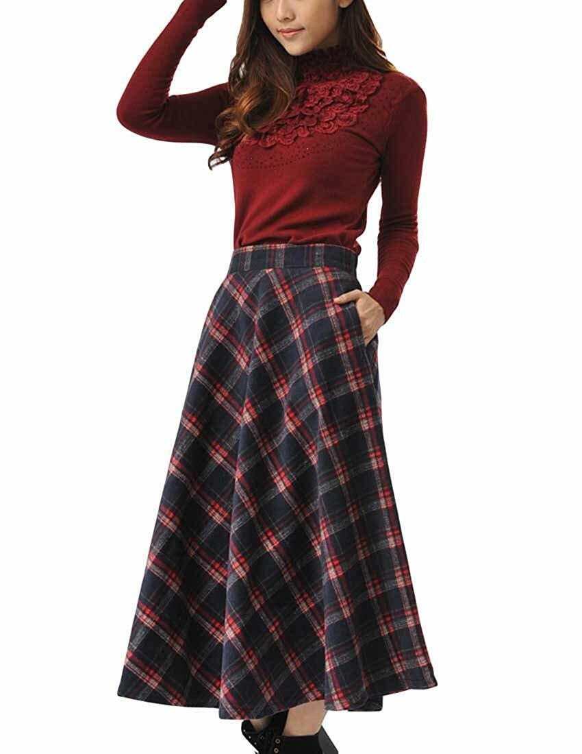 MFrannie Women's Thicken Wool Fashional Classy Grid Long Skirt With Pocket Fine