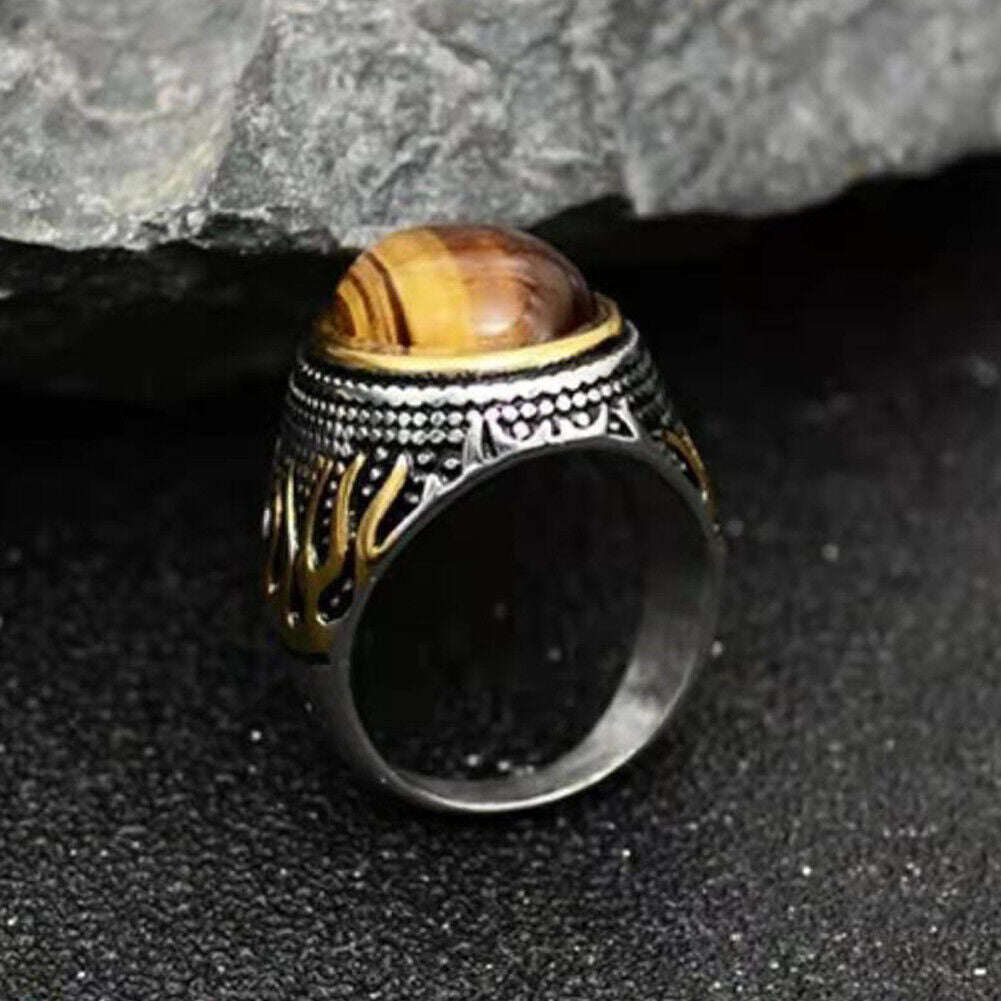 US 2Pc Mens Stainless Steel Gold Plated Oval Tiger Eye Stone Ring Size 7 8 9-11