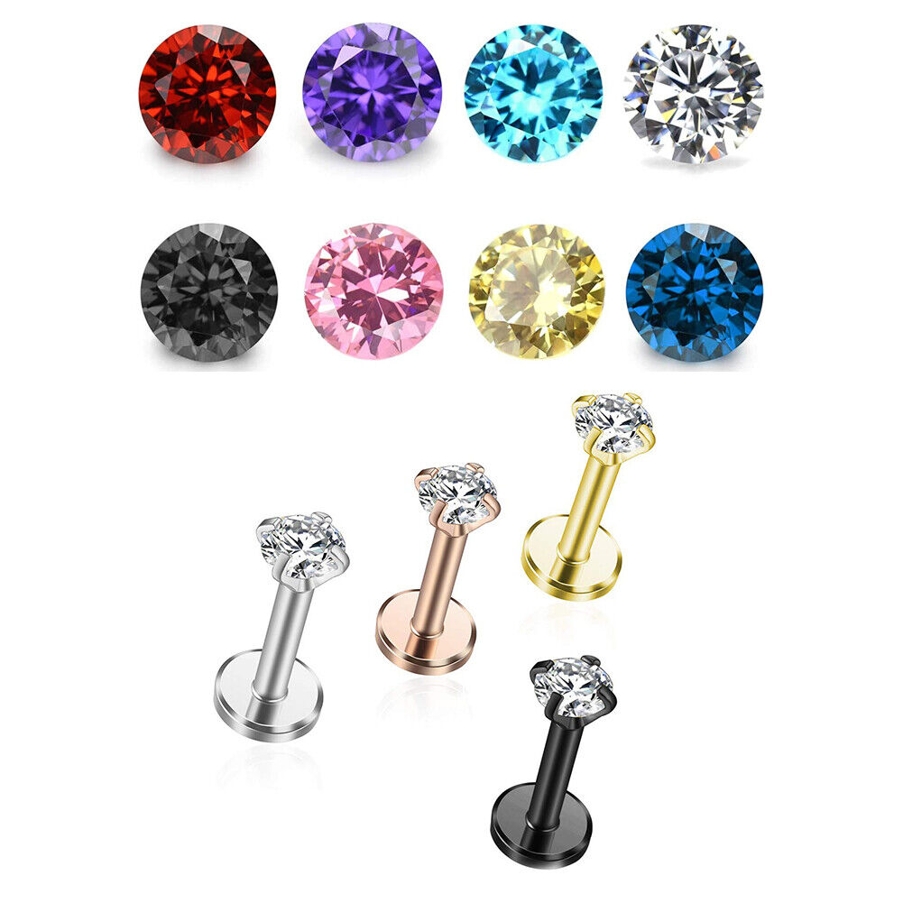 US 8 Pack Internally Threaded Square Prong Top Steel Gem Labrets Body Jewelry