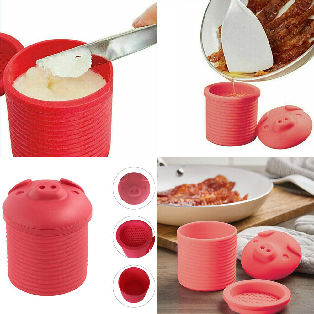 US 2-4 Pig Bacon Grease Container Silicone Bin Oil Mesh Strainer Holder Storage