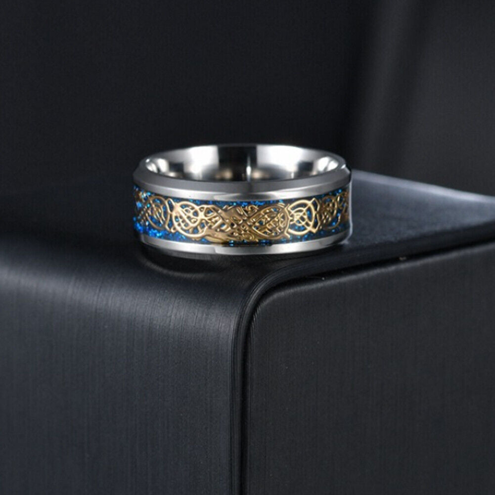 US 2-4 Pc Mens Celtic Blue Stainless Steel Dragon Wedding Band Ring Men Women