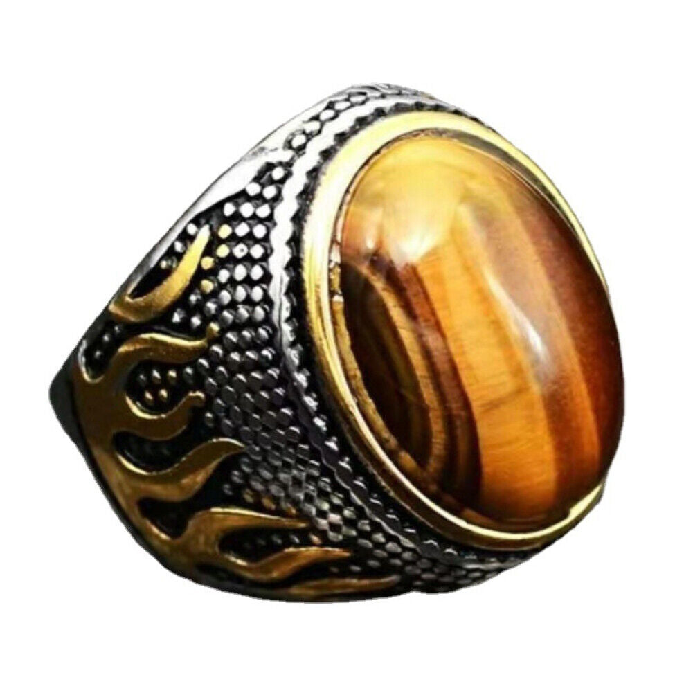US 2Pc Mens Stainless Steel Gold Plated Oval Tiger Eye Stone Ring Size 7 8 9-11