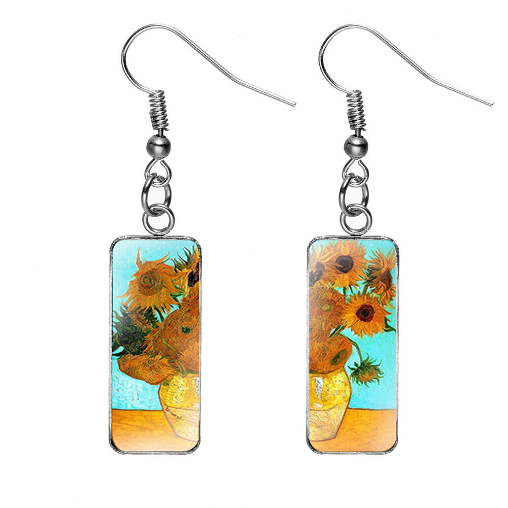 US Rectangle Starry Sky Sunflower Van Gogh Painting Glass Drop Dangle Earrings