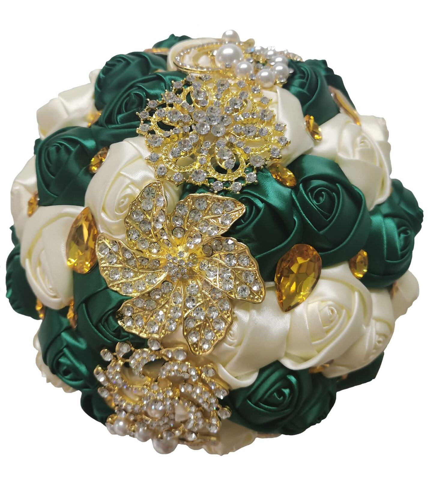 Luxury Gold Rhinestone Bridal Wedding Bouquet Bride Bridesmaid Satin Rose Flower