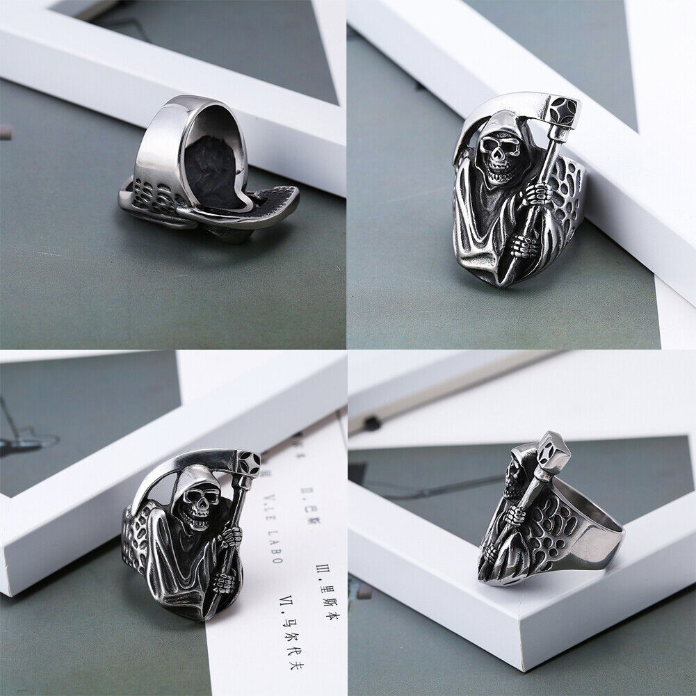 US 2 Pack Mens Biker Goth Death Skull Grim Reaper Ring Stainless Steel Size 8-12