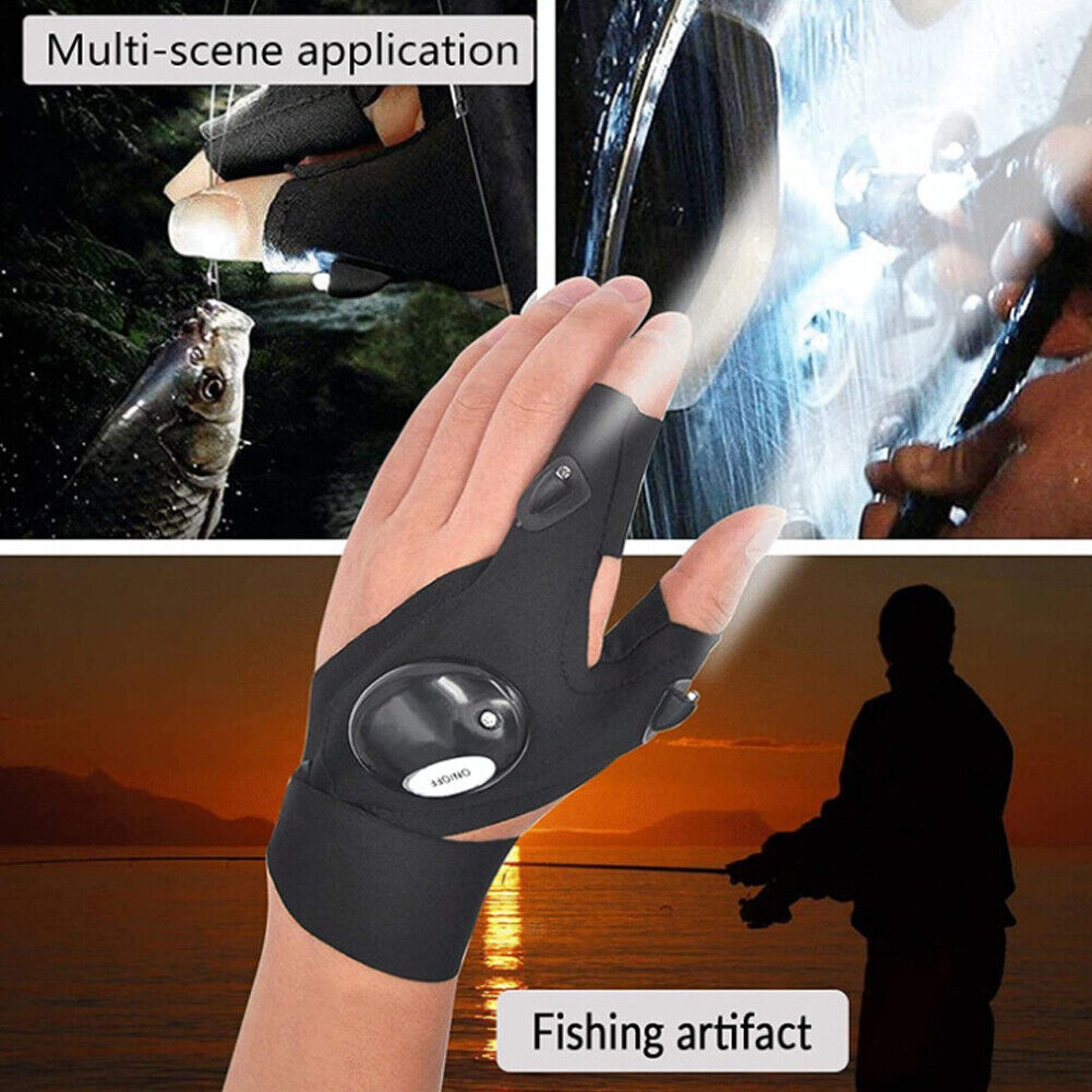 US 2-4 Pair LED Flashlight Glove Fingerless Outdoor Fishing Camping Hiking Glove