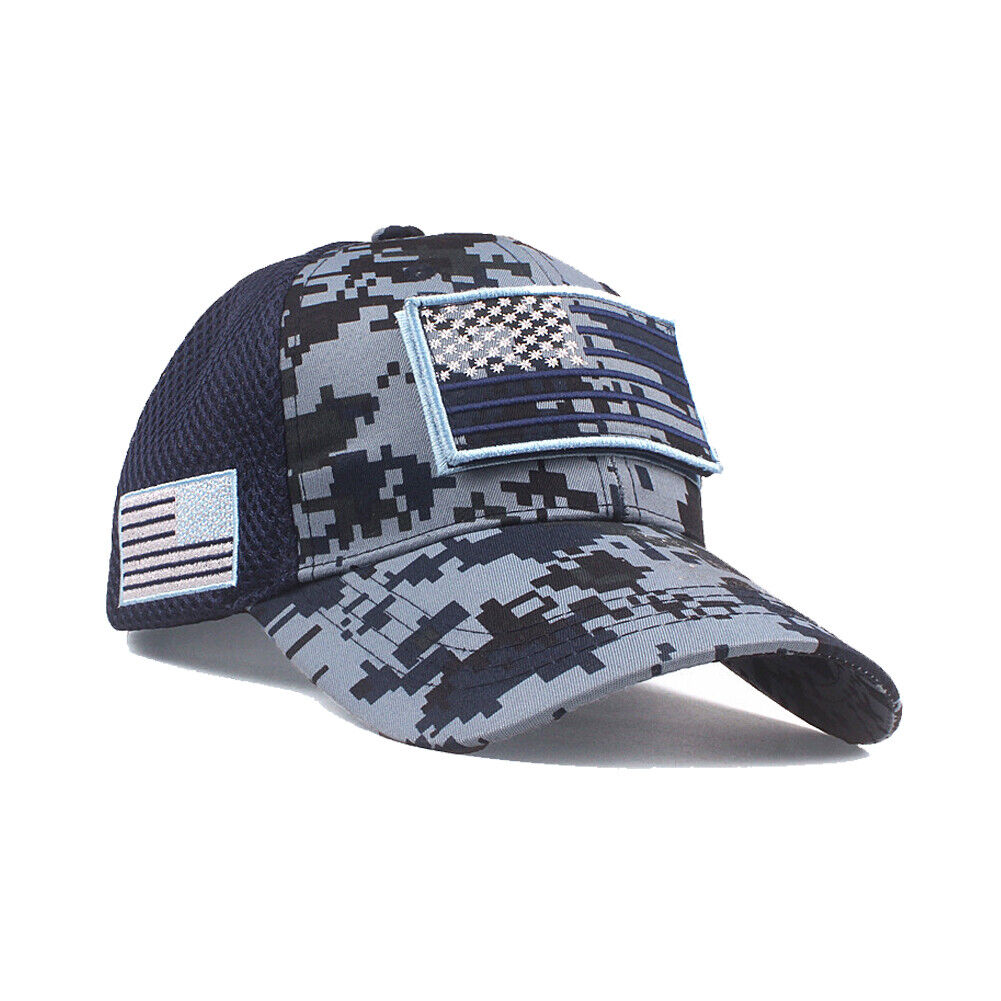 US 1-2 American Flag Hat Tactical Army Detachable Patch Mesh Camo Baseball Cap