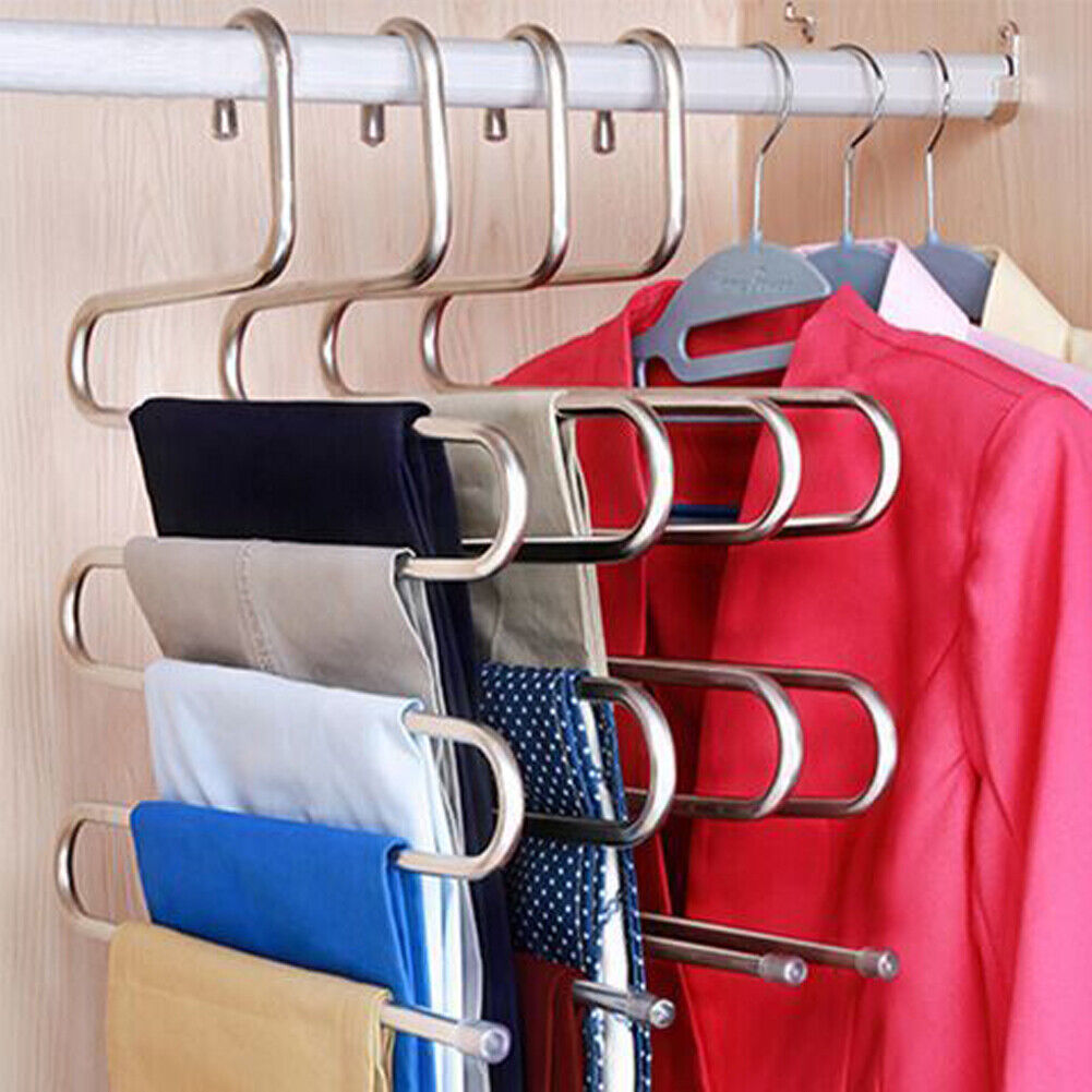 US 2-4 Pcs Trouser Pants Hanger Non-Slip S-Shape 5-Layer Rack Closet Space Saver